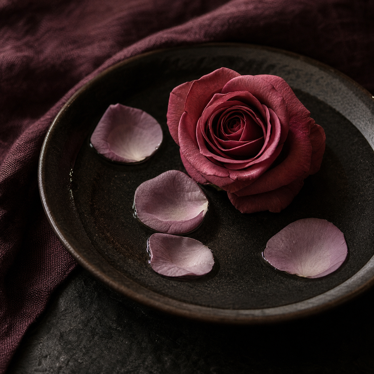 Dusky rose and petals resting in a shallow dark basin