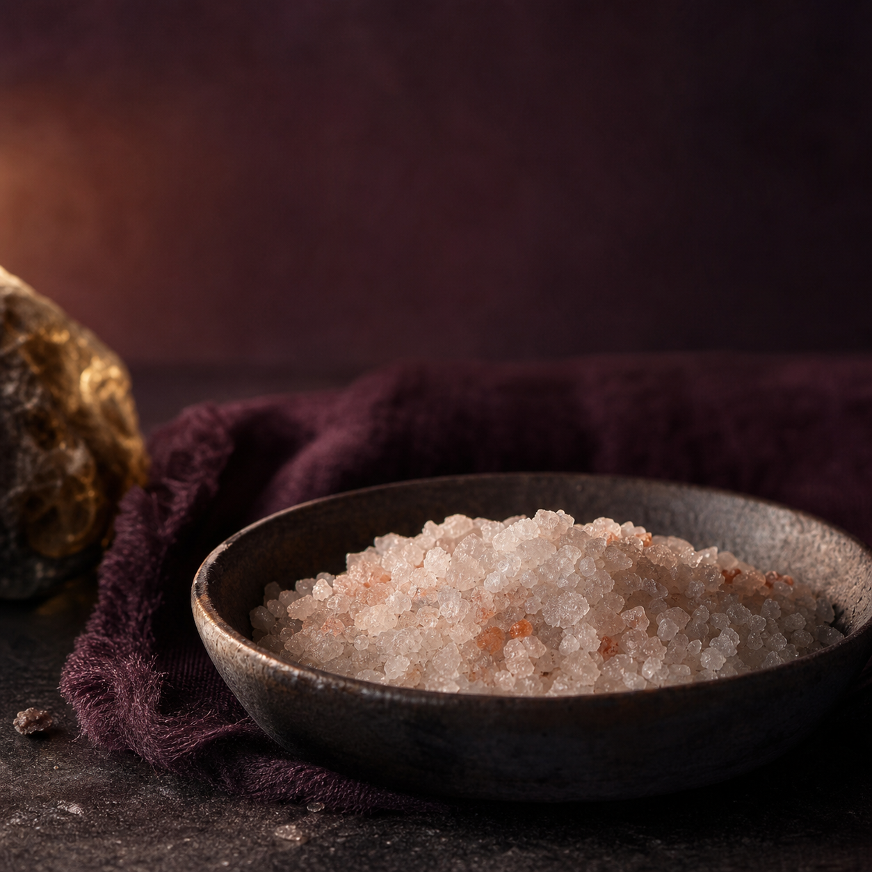 Coarse sea salt crystals in a dark ceramic bowl
