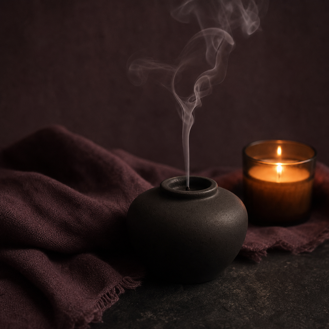Aromatic smoke rising from a dark ceramic incense vessel