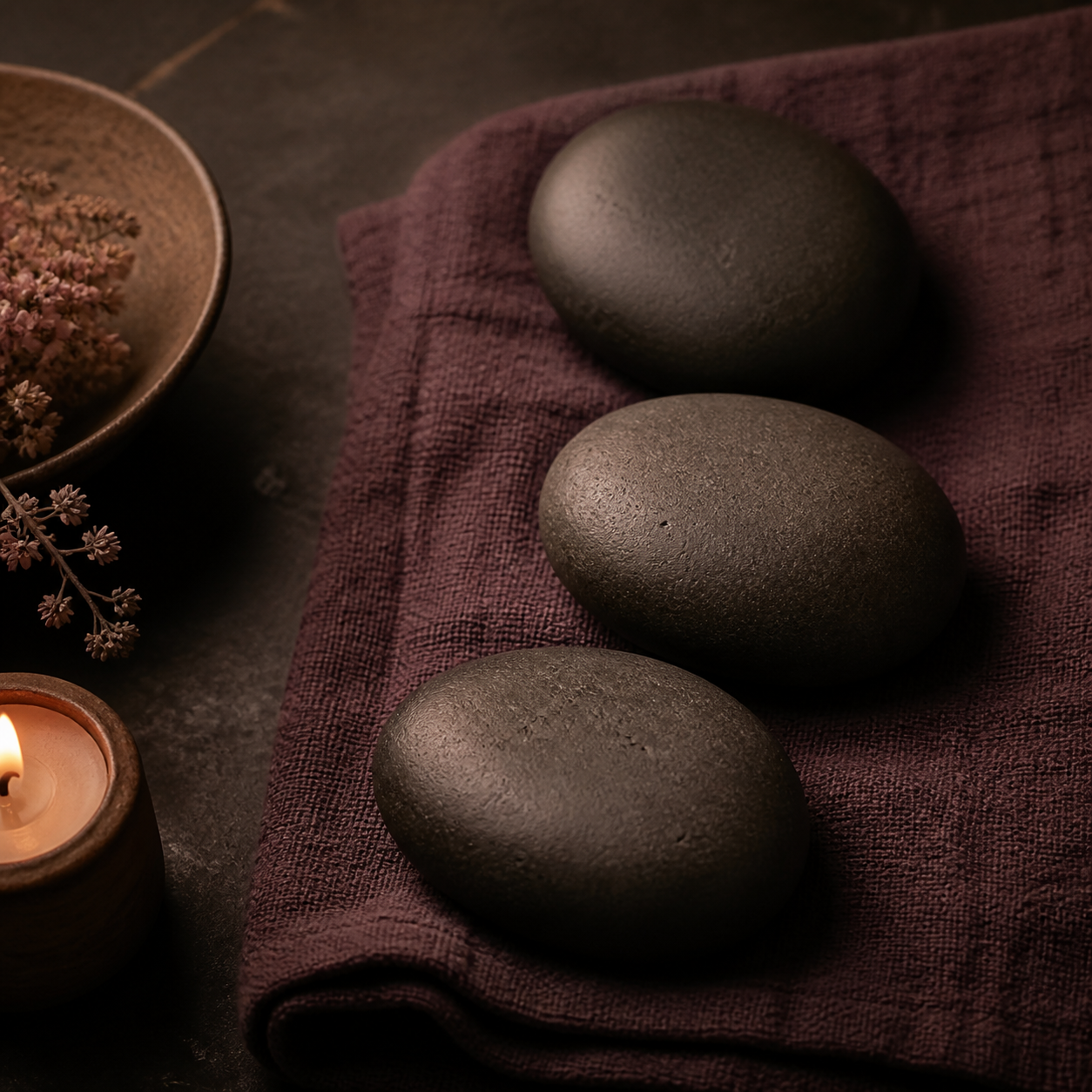 Three smooth basalt stones resting on folded plum linen