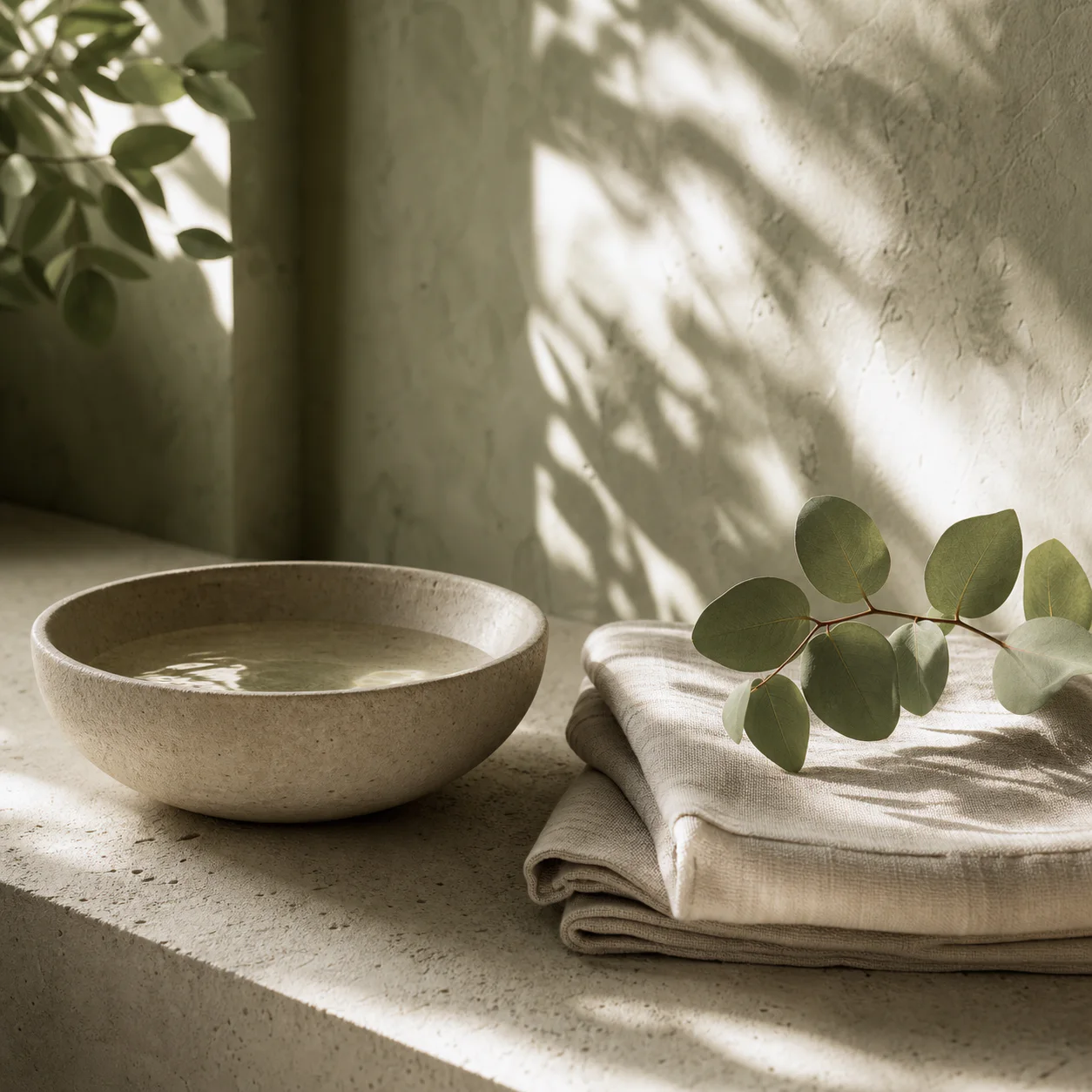 Botanical oils and warm stones arranged on a tray