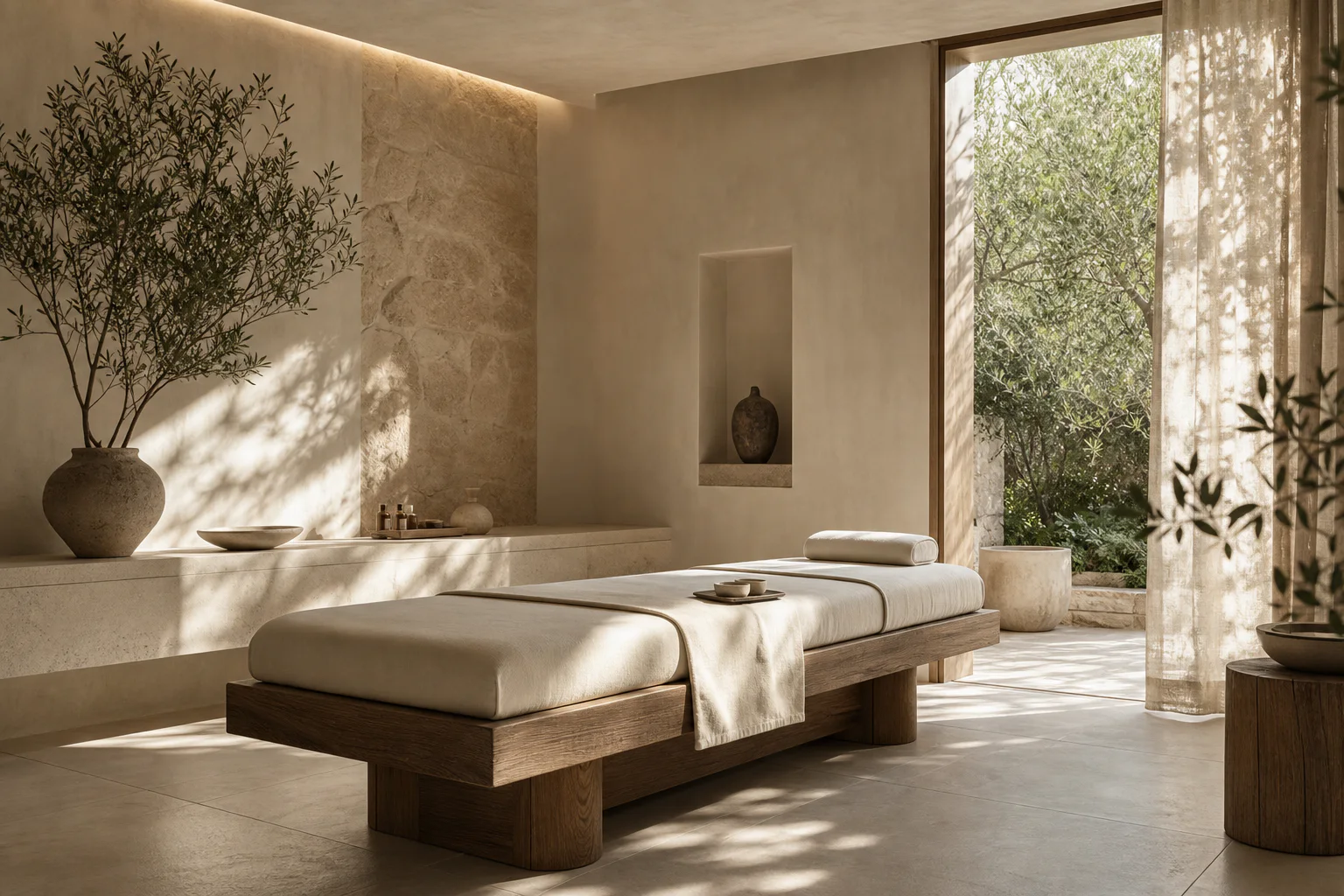 Treatment room with dim lighting and neutral linens